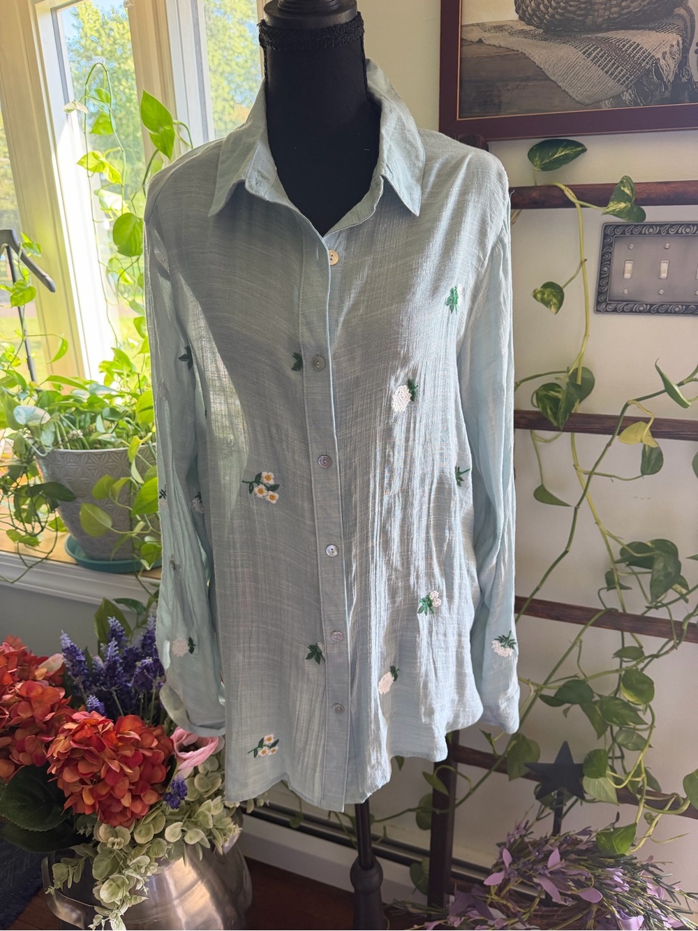 Women's Light Blue Embroidered Button-Down Shirt